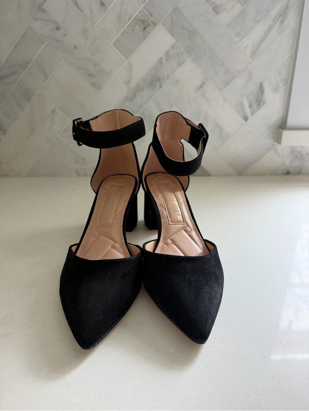 Kurt Geiger Black Suede Pointed-Toe Ankle-Strap Heels